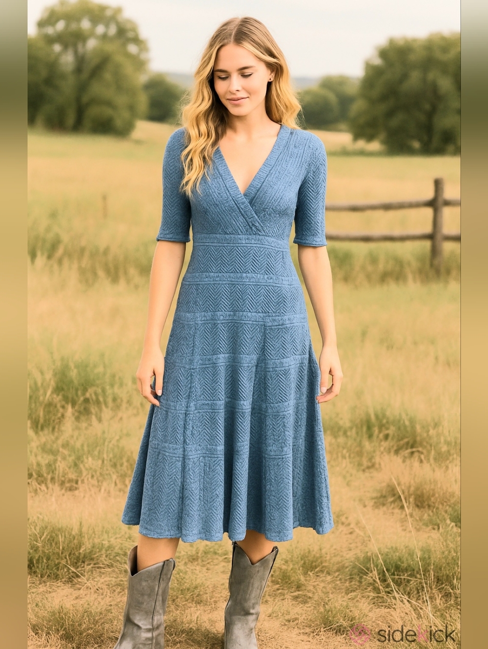 Dusty Blue Lace Knit V-Neck Midi Dress Short Sleeve Romantic Cottagecore Country